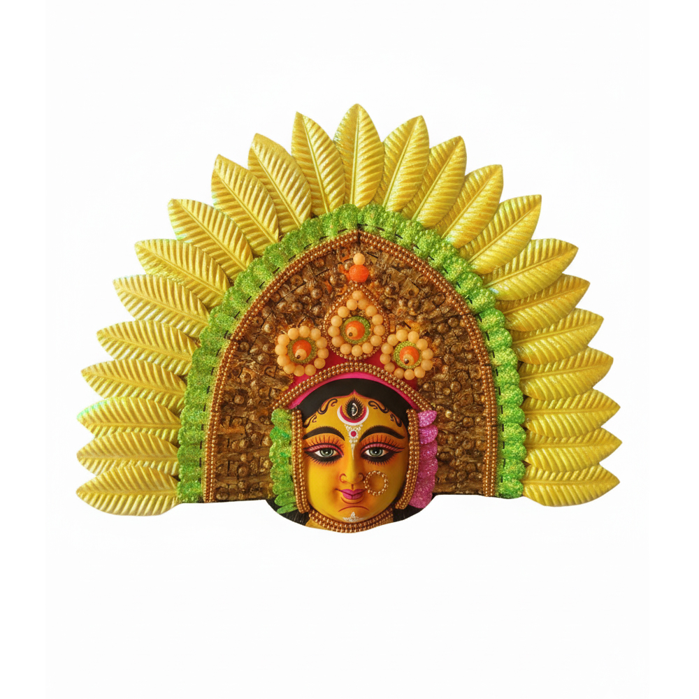The Golden Harvest: Exquisite Chhau Mask of Maa Durga (The Divine Mother) | 14 Inch x 11 Inch