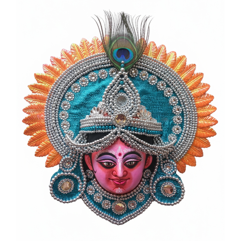 The Azure Flute Player: Magnificent Chhau Mask of Lord Krishna | 10 Inch x 7 Inch