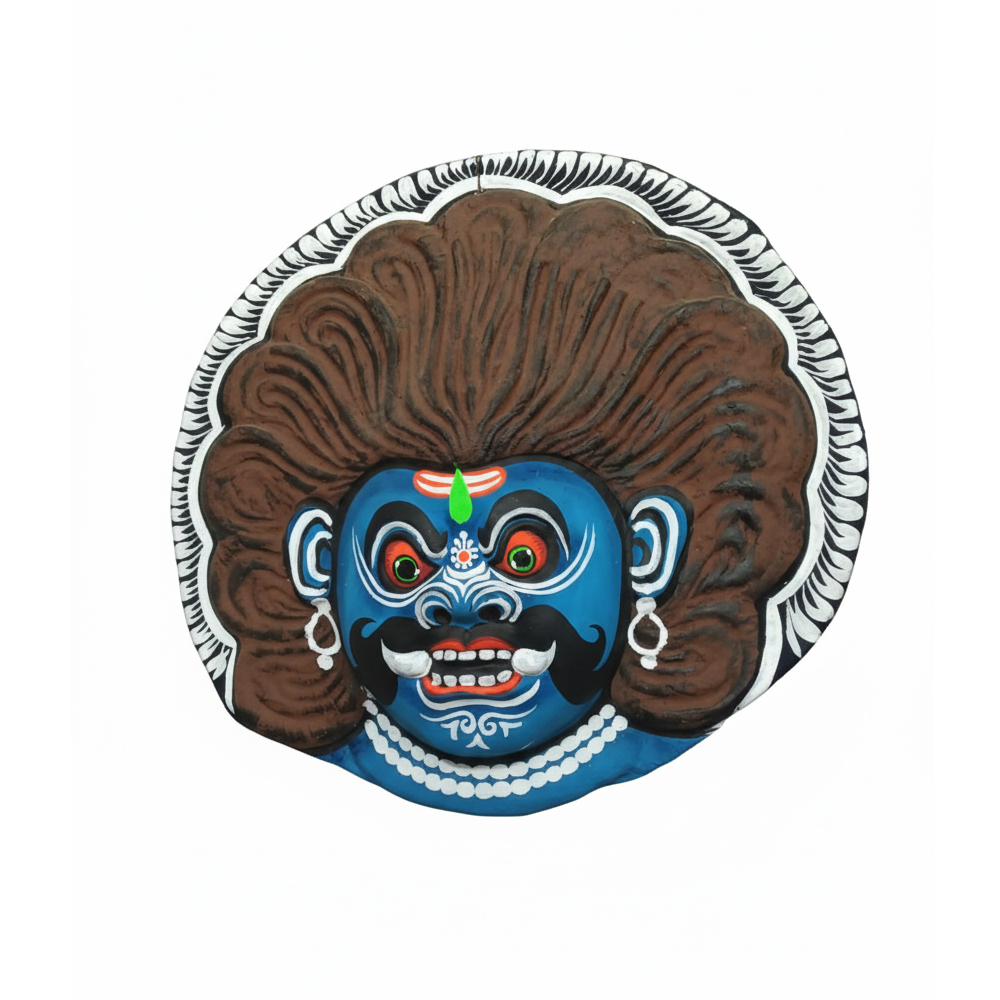 The Blue Beast: Intense Chhau Mask of a Fierce Deity or Demon | 8 Inch x 8 Inch