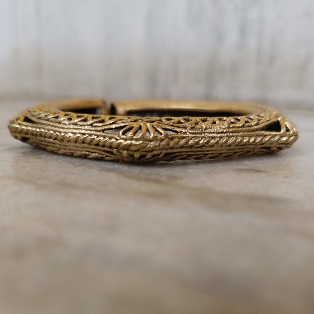 Handcrafted Hexagonal Dhokra Brass Kada with Intricate Filigree and Sun-Motif Engravings (Pair) - View 5