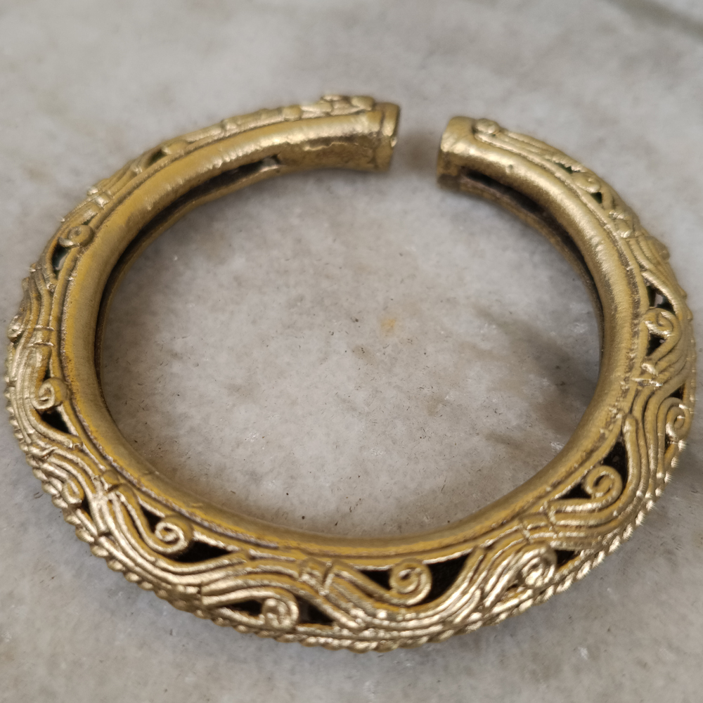 Antique Brass Dhokra Kada | Ethnic Swirl Pattern Tribal Bangle | Hand-Cast Bell Metal Jewelry (Pair) - View 3