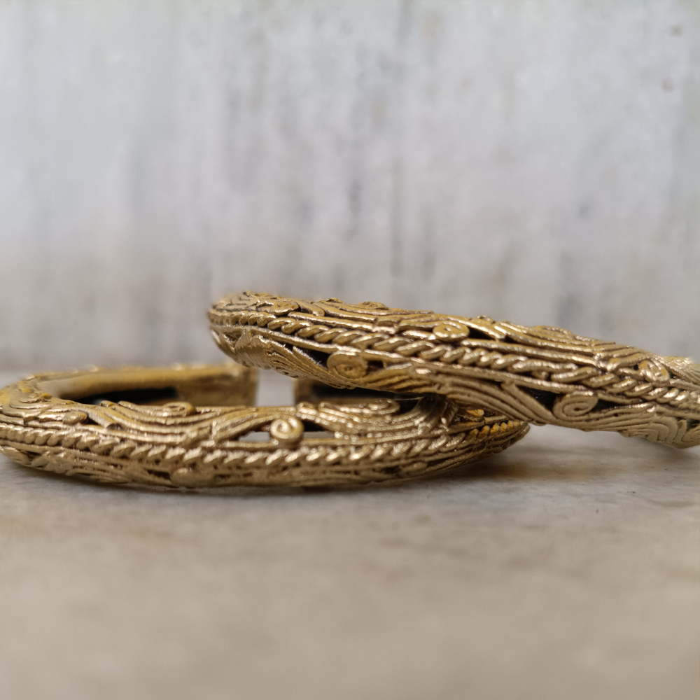 Antique Brass Dhokra Kada | Ethnic Swirl Pattern Tribal Bangle | Hand-Cast Bell Metal Jewelry (Pair) - View 4