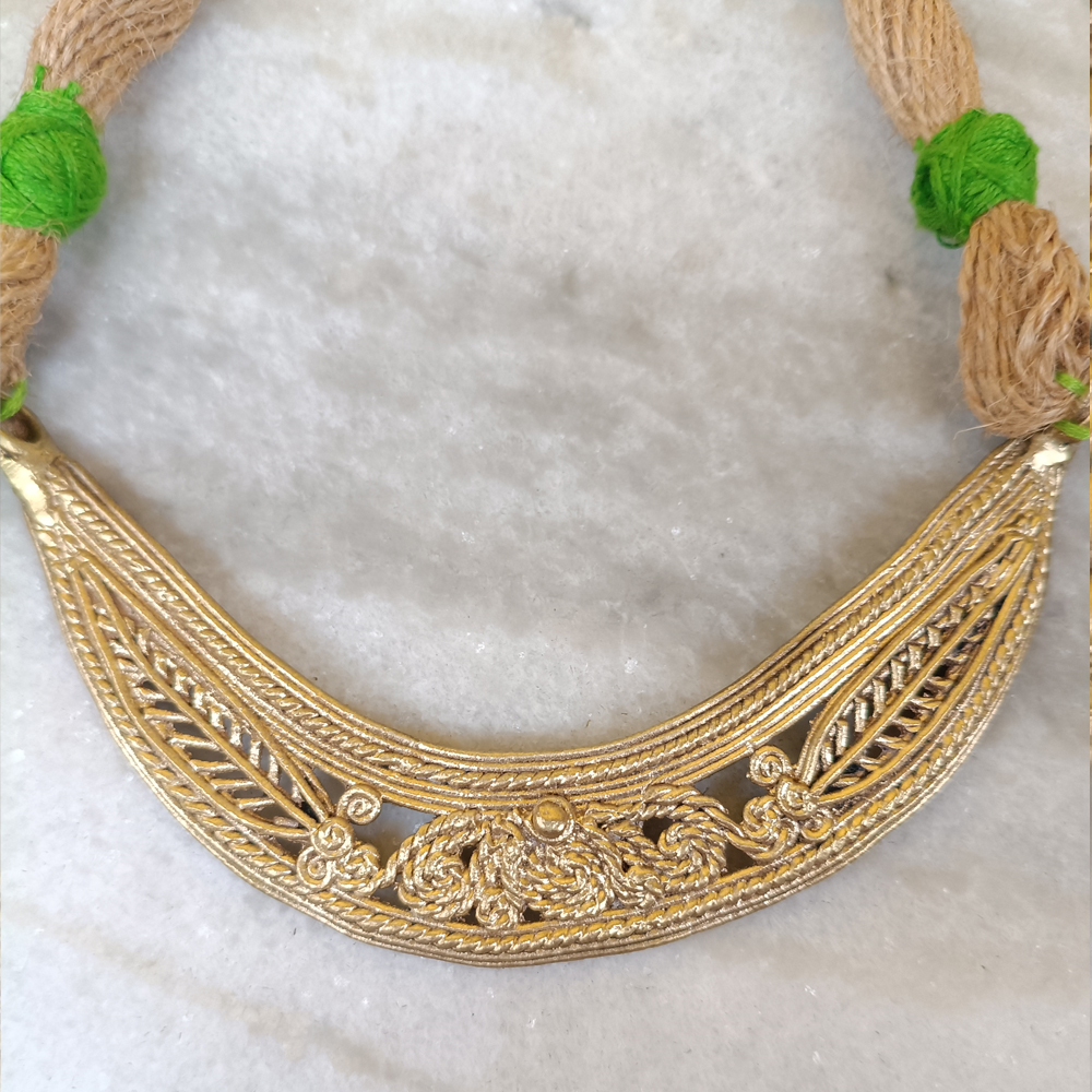 Antique Dhokra Metal Statement Necklace | Tribal Brass Pendant on Natural Jute Cord | Ethnic Boho Hansuli Neckpiece - View 2