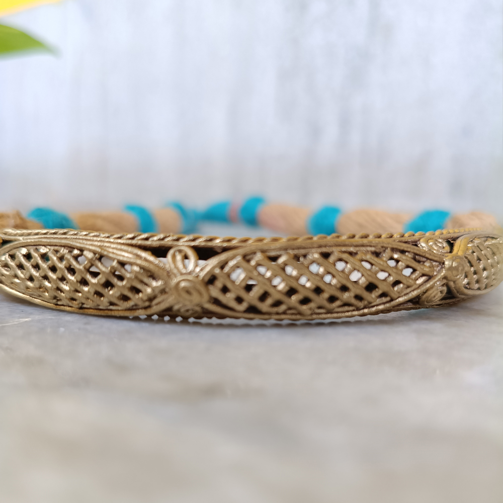 Antique Brass Dhokra Statement Necklace | Tribal Lattice Pendant on Blue & Jute Cord | Ethnic Boho Hansuli Jewelry