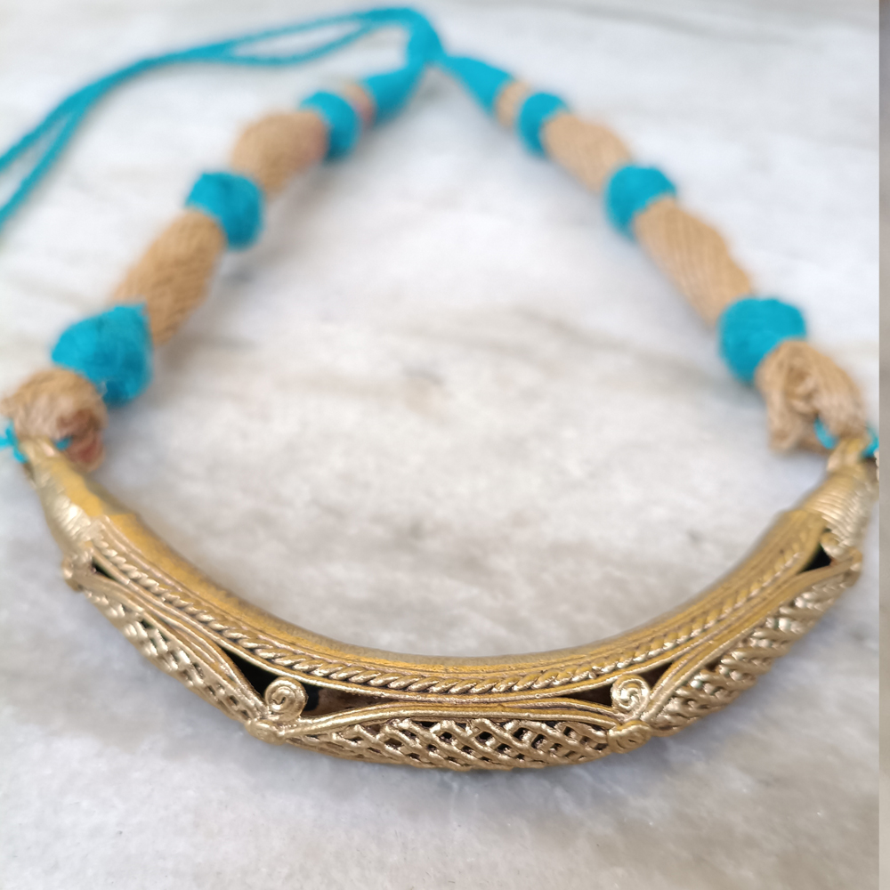 Antique Brass Dhokra Statement Necklace | Tribal Lattice Pendant on Blue & Jute Cord | Ethnic Boho Hansuli Jewelry - View 4