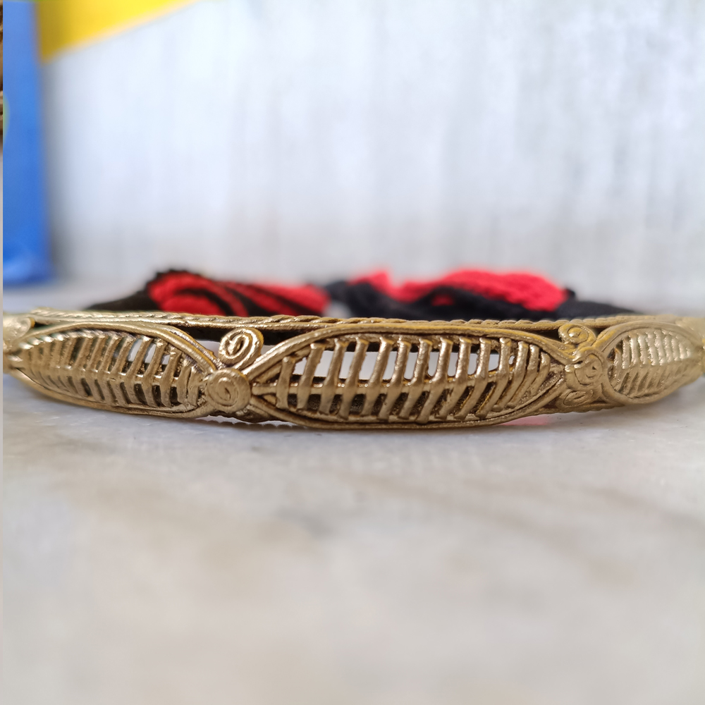 Handcrafted Dhokra Brass Statement Necklace with Red & Black Cotton Cord | Tribal Ethnic Jewelry