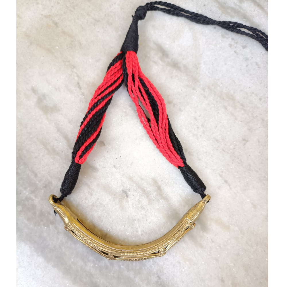 Handcrafted Dhokra Brass Statement Necklace with Red & Black Cotton Cord | Tribal Ethnic Jewelry - View 2