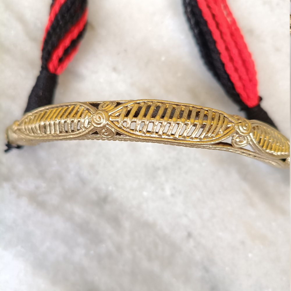 Handcrafted Dhokra Brass Statement Necklace with Red & Black Cotton Cord | Tribal Ethnic Jewelry - View 3