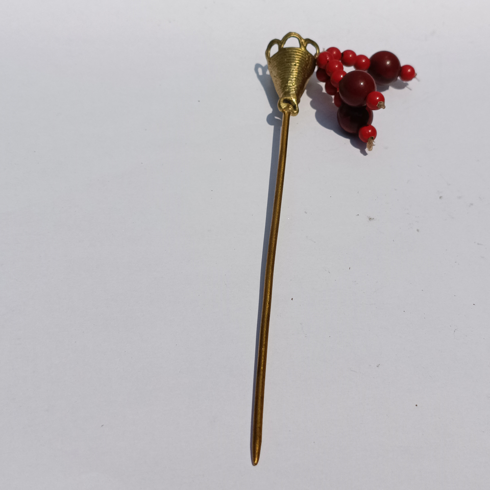 Handcrafted Dhokra Art Brass Hairpin with Red Bead Hangings – Traditional Tribal Hair Accessory - View 2