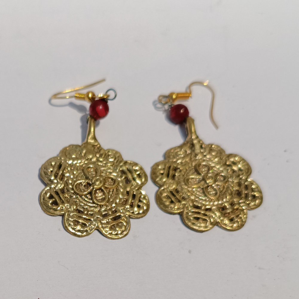 Handcrafted Dhokra Art Brass Earrings with Floral Mandala Motif and Red Bead Accents
