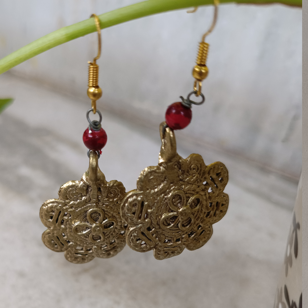 Handcrafted Dhokra Art Brass Earrings with Floral Mandala Motif and Red Bead Accents - View 2