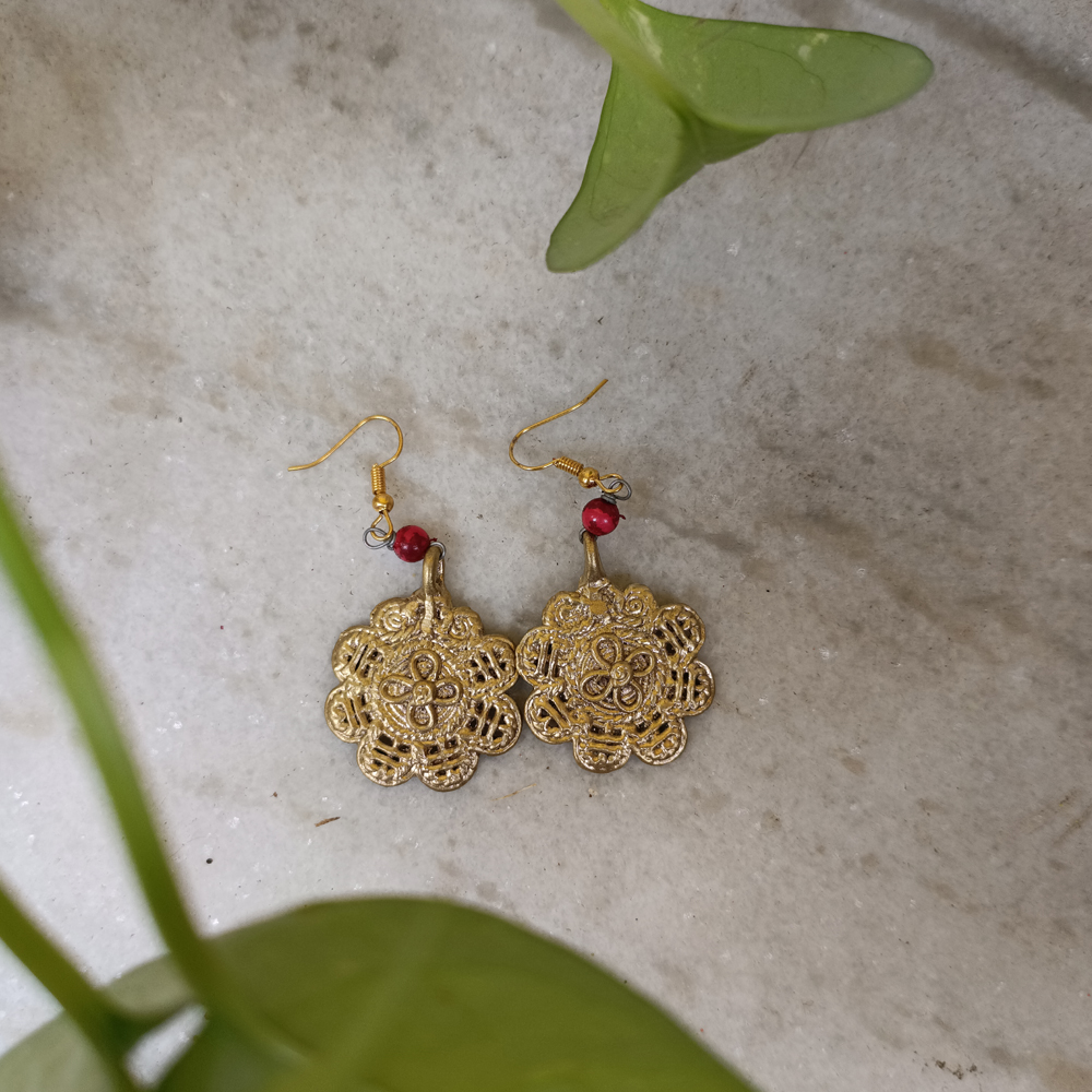 Handcrafted Dhokra Art Brass Earrings with Floral Mandala Motif and Red Bead Accents - View 3