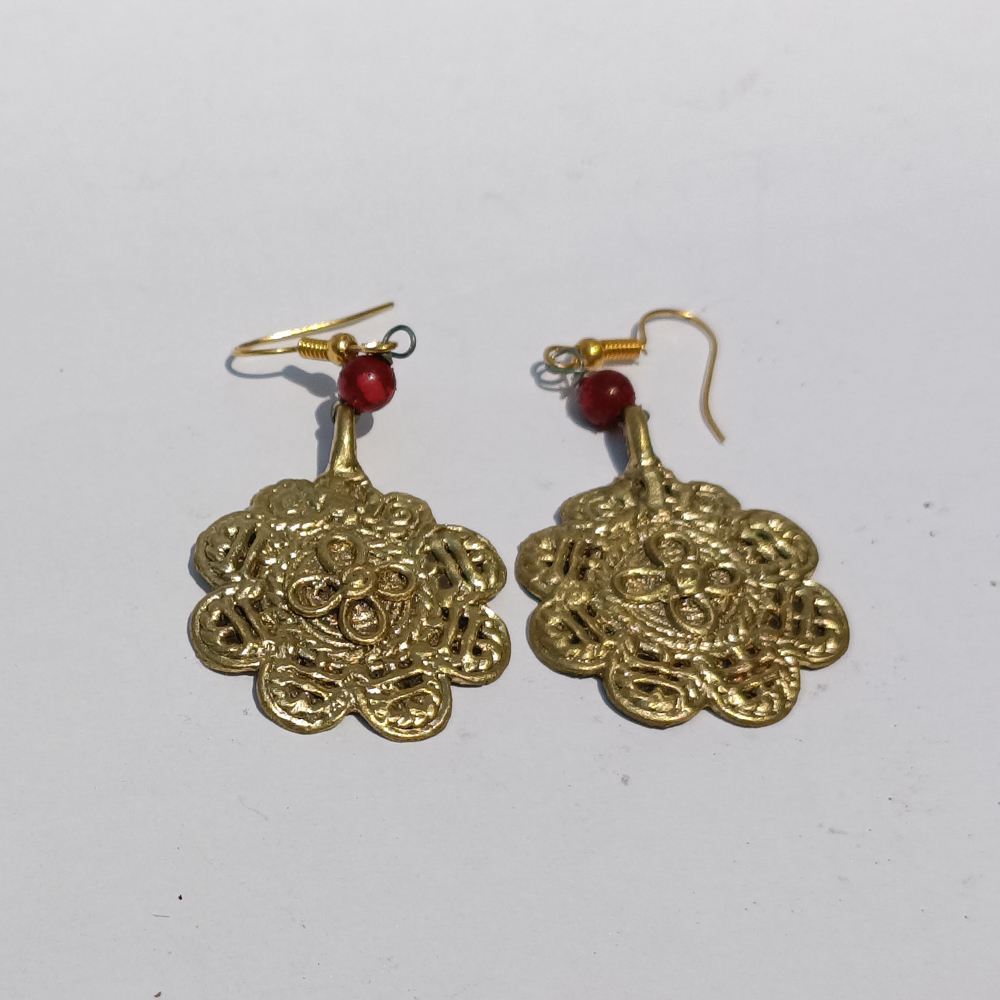 Handcrafted Dhokra Art Brass Earrings with Floral Mandala Motif and Red Bead Accents - View 4