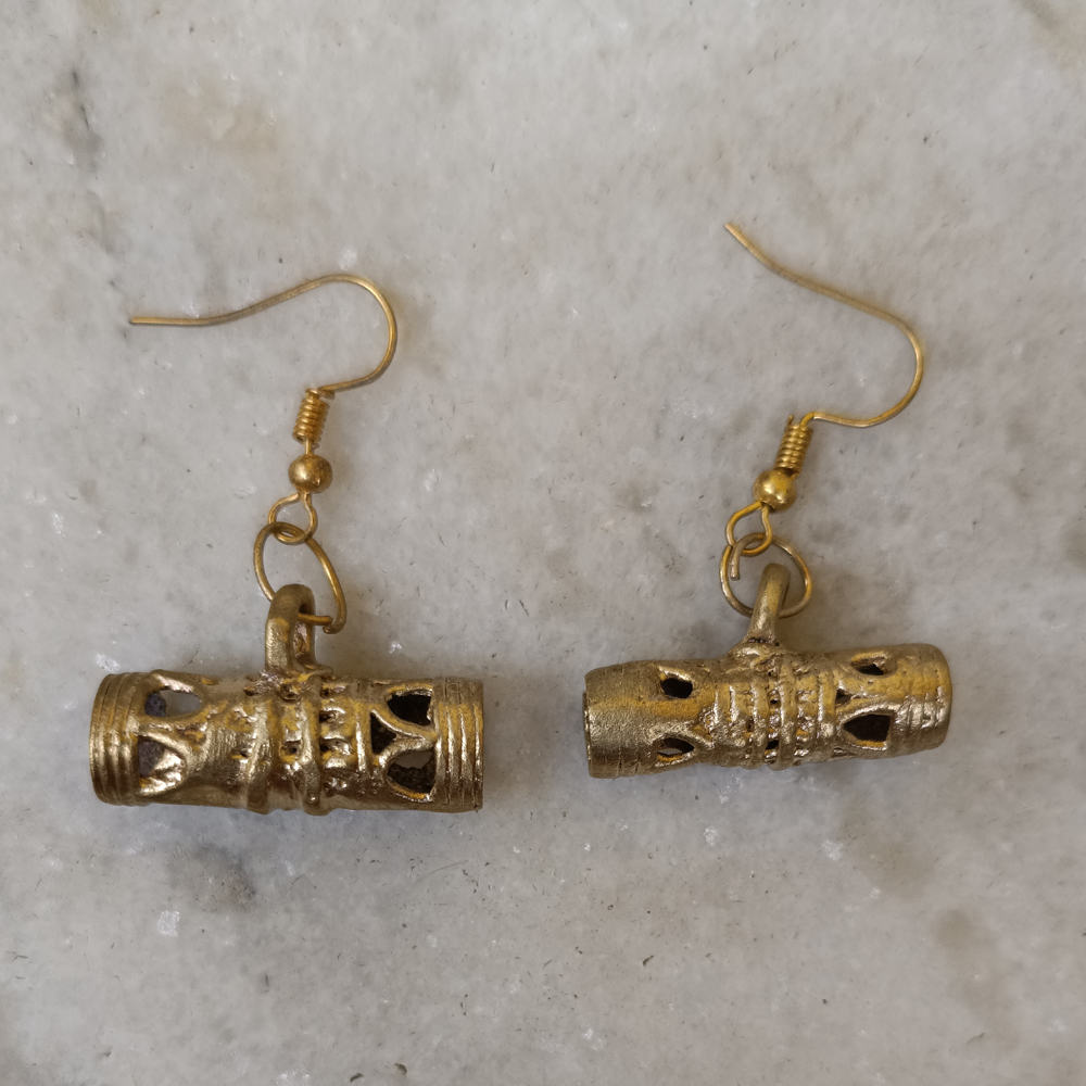 Handcrafted Dhokra Art Brass Earrings – Traditional Cylindrical Dhol Motif Tribal Dangles - View 2