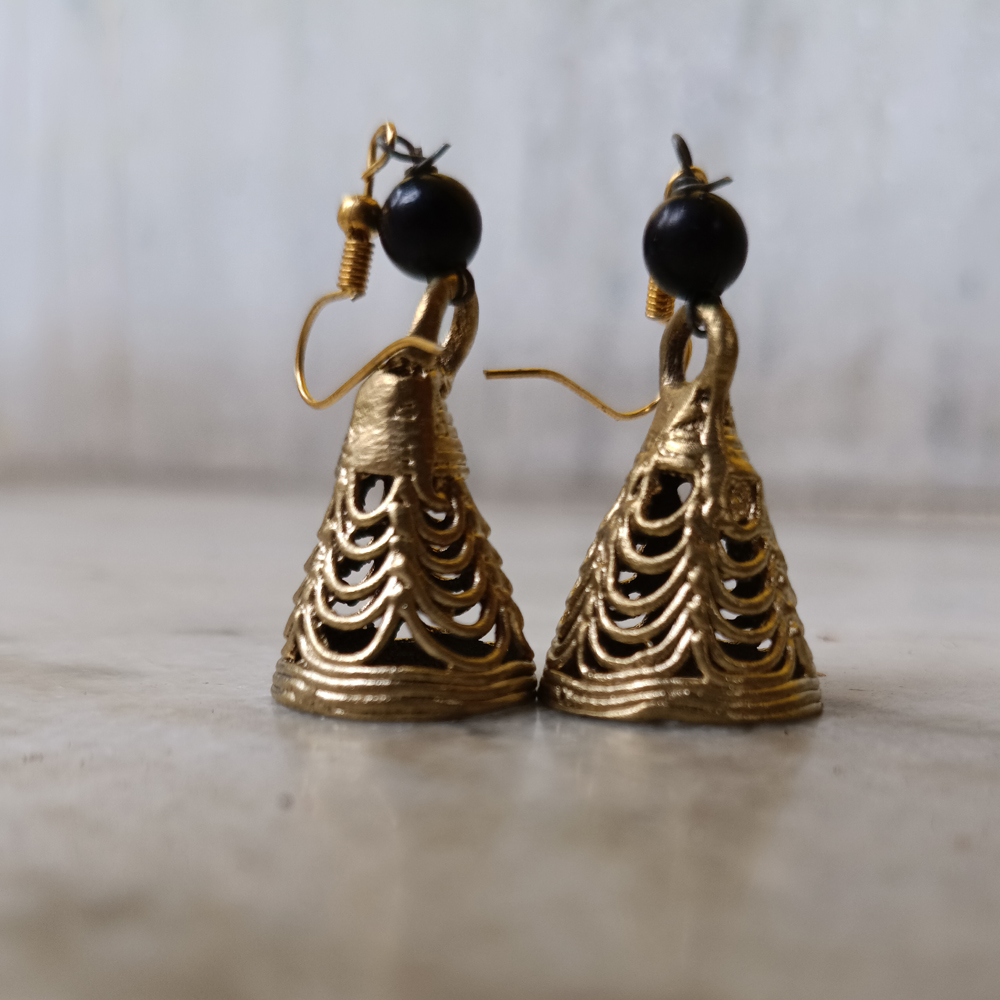 Handcrafted Dhokra Art Brass Jhumka Earrings – Conical Filigree Motif with Black Bead Accents
