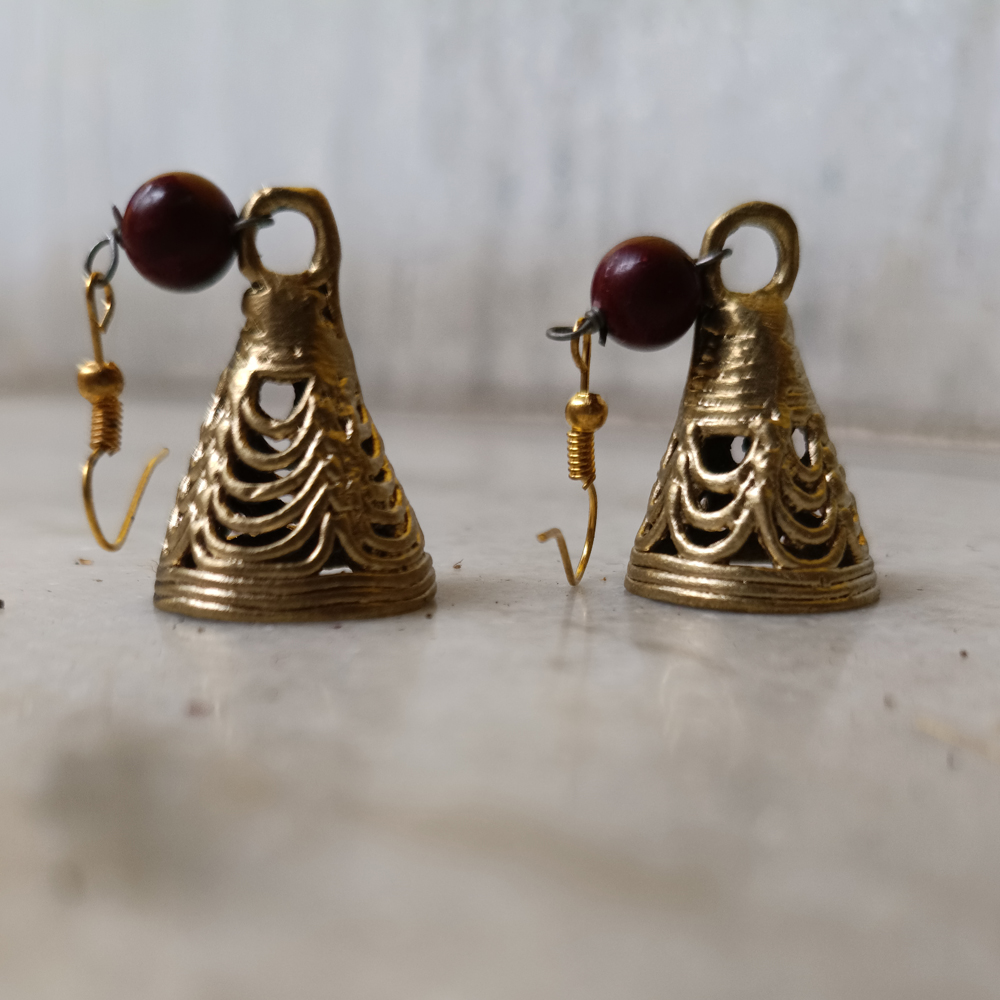 Handcrafted Dhokra Art Brass Jhumka Earrings – Conical Scalloped Motif with Maroon Bead Accents - View 2