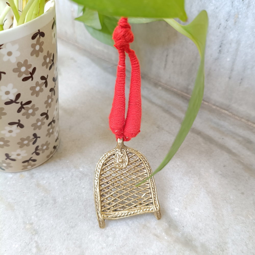 Tribal Brass Dhokra Kula Necklace – Sacred Winnowing Basket Motif with Adjustable Red Dori - View 2