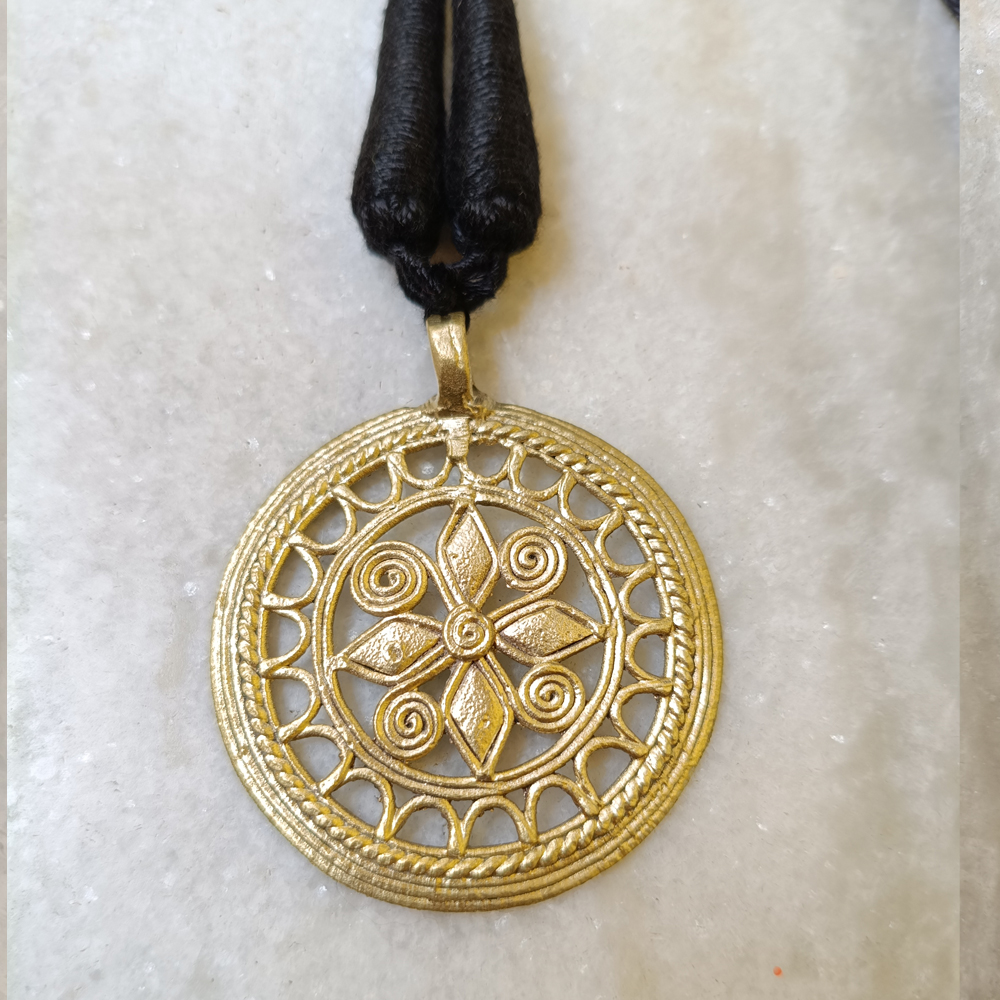 Tribal Metal Craft Circular Pendant – Traditional Dhokra Jewelry with Adjustable Black Dori