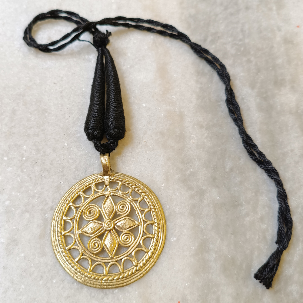 Tribal Metal Craft Circular Pendant – Traditional Dhokra Jewelry with Adjustable Black Dori - View 2
