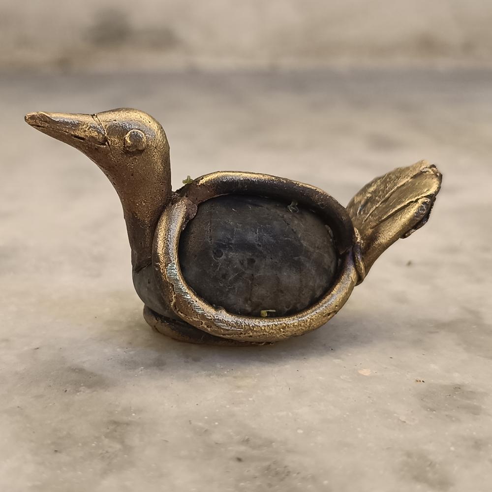Handcrafted Dhokra Waterbird Figurine in Brass & River Stone - View 2