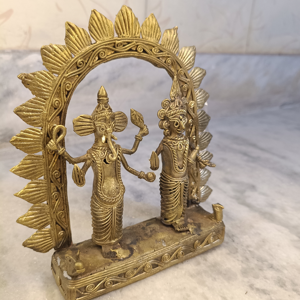 Handcrafted Dhokra Brass Lakshmi Ganesha Idol with Decorative Arch | Tribal Metal Art - View 2