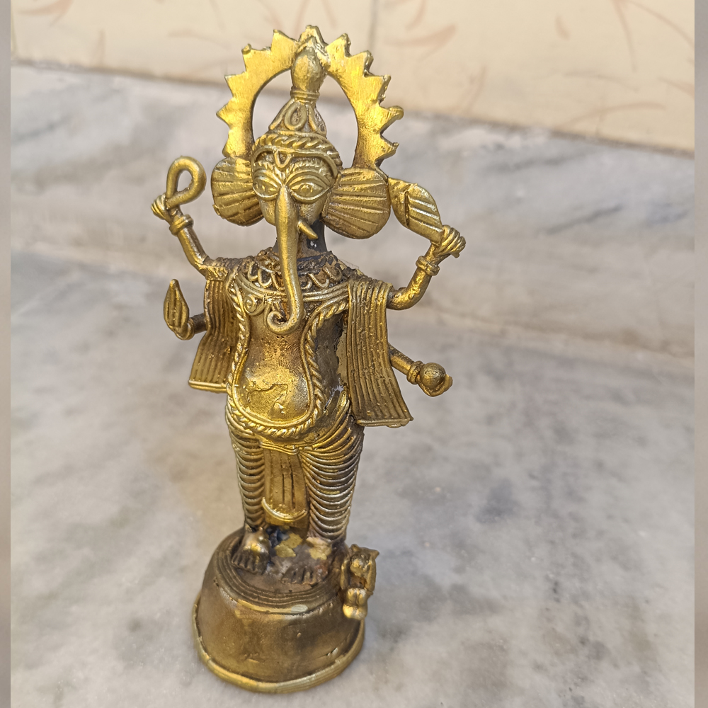 Authentic Handcrafted Dhokra Metal Standing Ganesha Idol | Antique Brass Finish