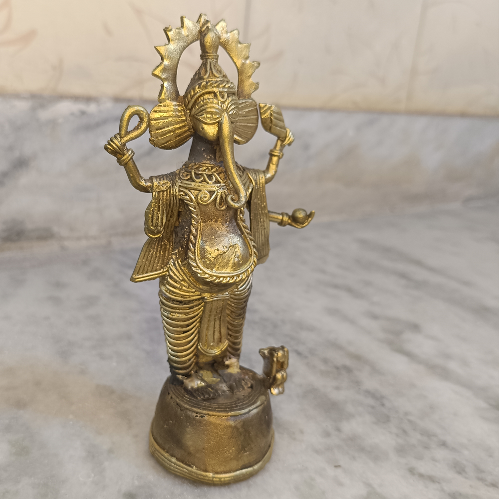 Authentic Handcrafted Dhokra Metal Standing Ganesha Idol | Antique Brass Finish - View 2