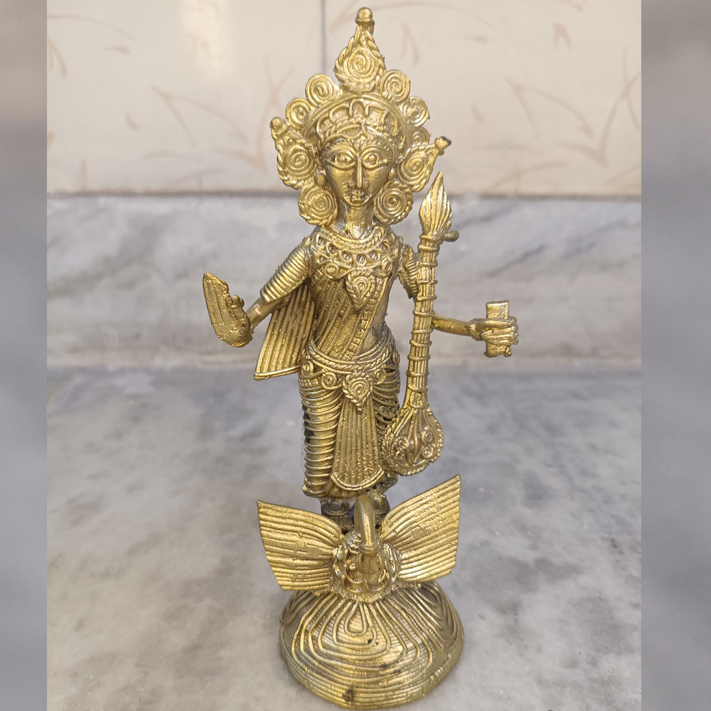 Handcrafted Dhokra Brass Goddess Saraswati Idol - View 2