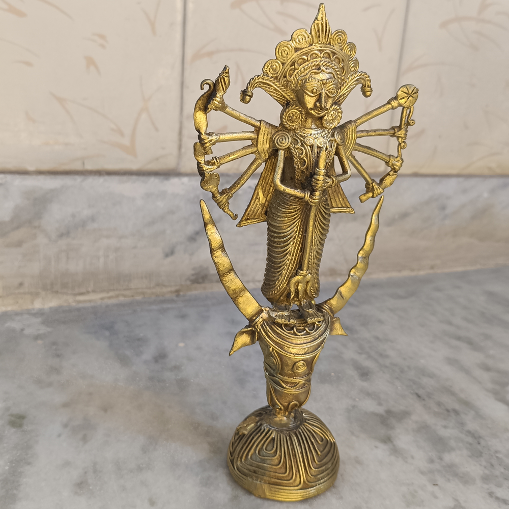Antique Metallic Dhokra Durga Figurine with Ten Arms and Trishul