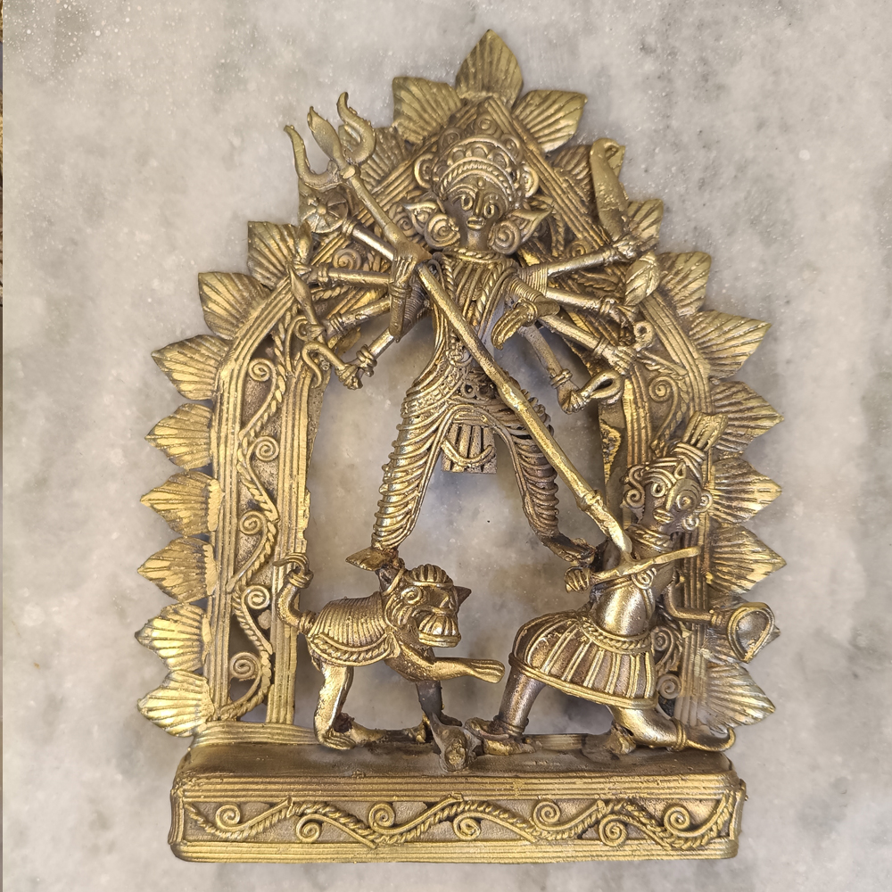 Handcrafted Dhokra Brass Mahishasuramardini Durga Panel – Antique Folk Art Wall / Altar Decor