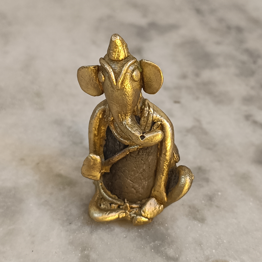 Handcrafted Dhokra Art Brass & River Stone Loard Ganesh Figurine - View 3