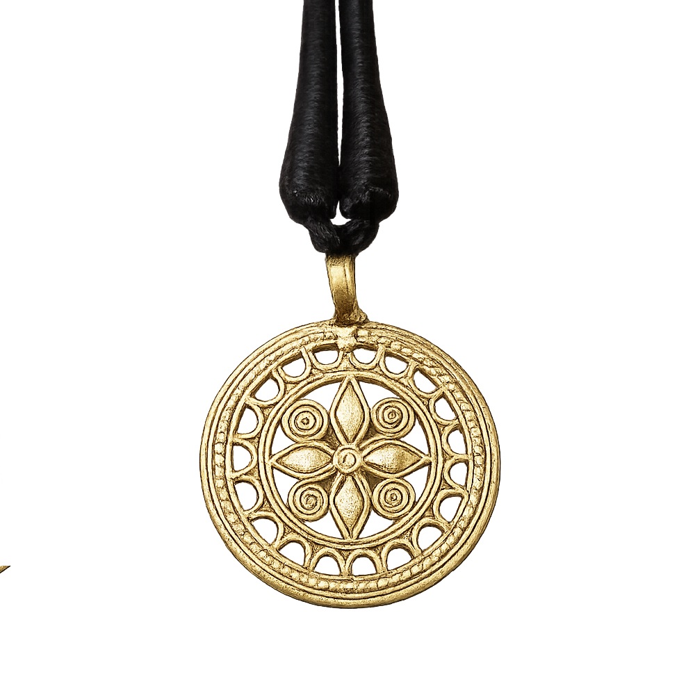 Tribal Metal Craft Circular Pendant – Traditional Dhokra Jewelry with Adjustable Black Dori - View 4