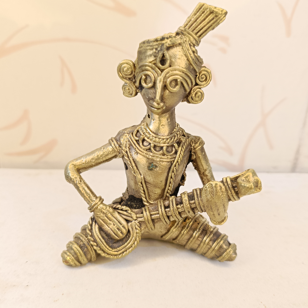 Handcrafted Dhokra Tribal Musician Figurine with String Instrument – Traditional Brass Folk Art - View 3