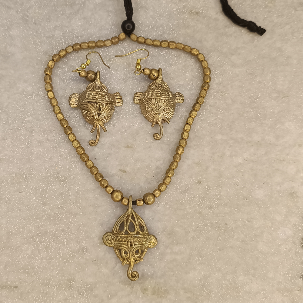 Handcrafted Dhokra Ganesha Jewellery Set – Tribal Brass Necklace and Earrings - View 3