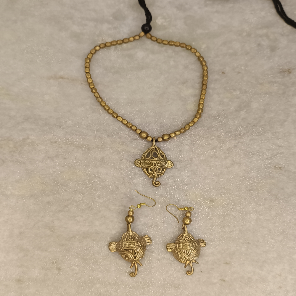 Handcrafted Dhokra Ganesha Jewellery Set – Tribal Brass Necklace and Earrings - View 4