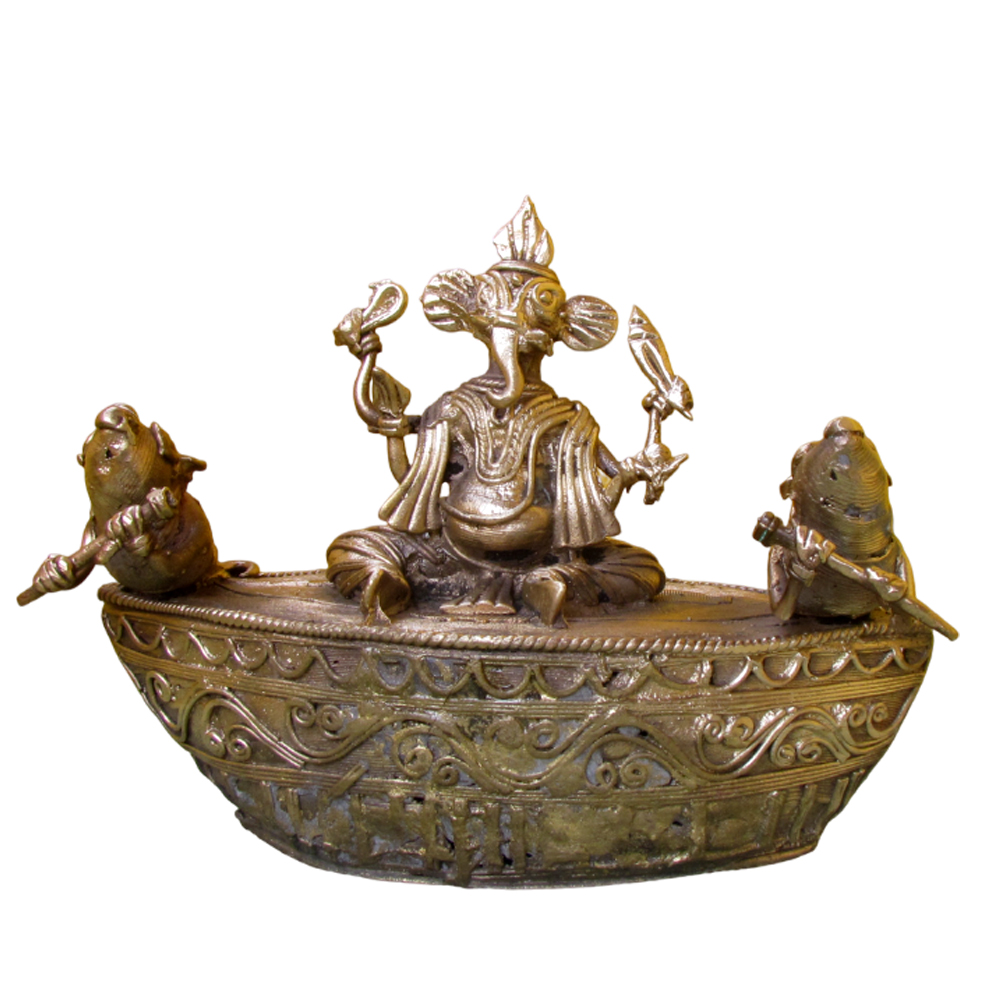 Authentic Dokra Art: Lord Ganesha on a Boat (Antique Brass Finish)