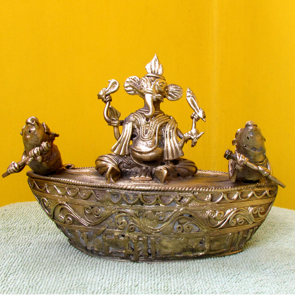 Authentic Dokra Art: Lord Ganesha on a Boat (Antique Brass Finish) - View 2