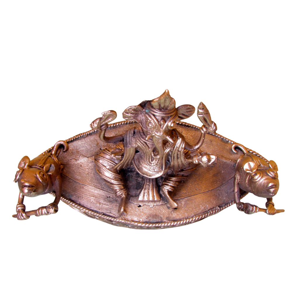 Authentic Dokra Art: Lord Ganesha on a Boat (Antique Brass Finish) - View 3