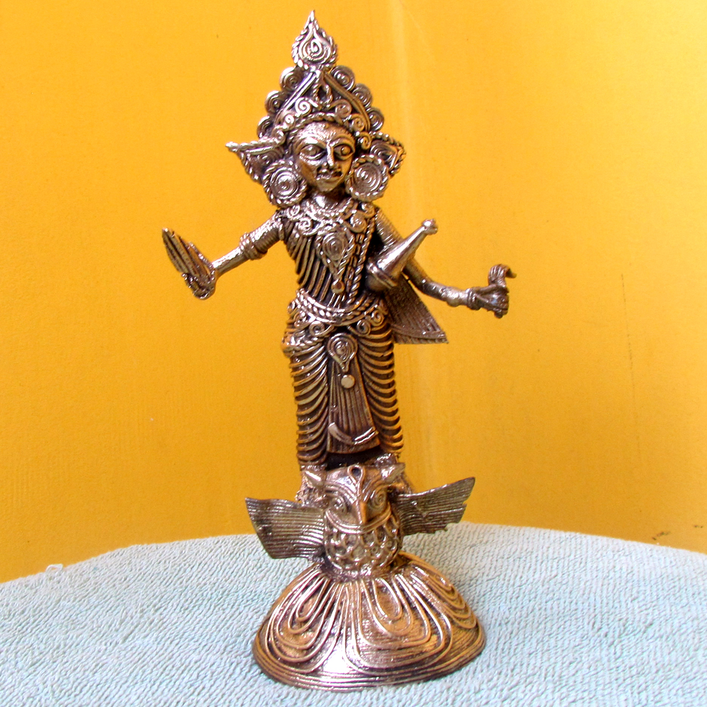 Authentic Dokra Art: Goddess Lakshmi Idol (Riding the Owl) - View 2