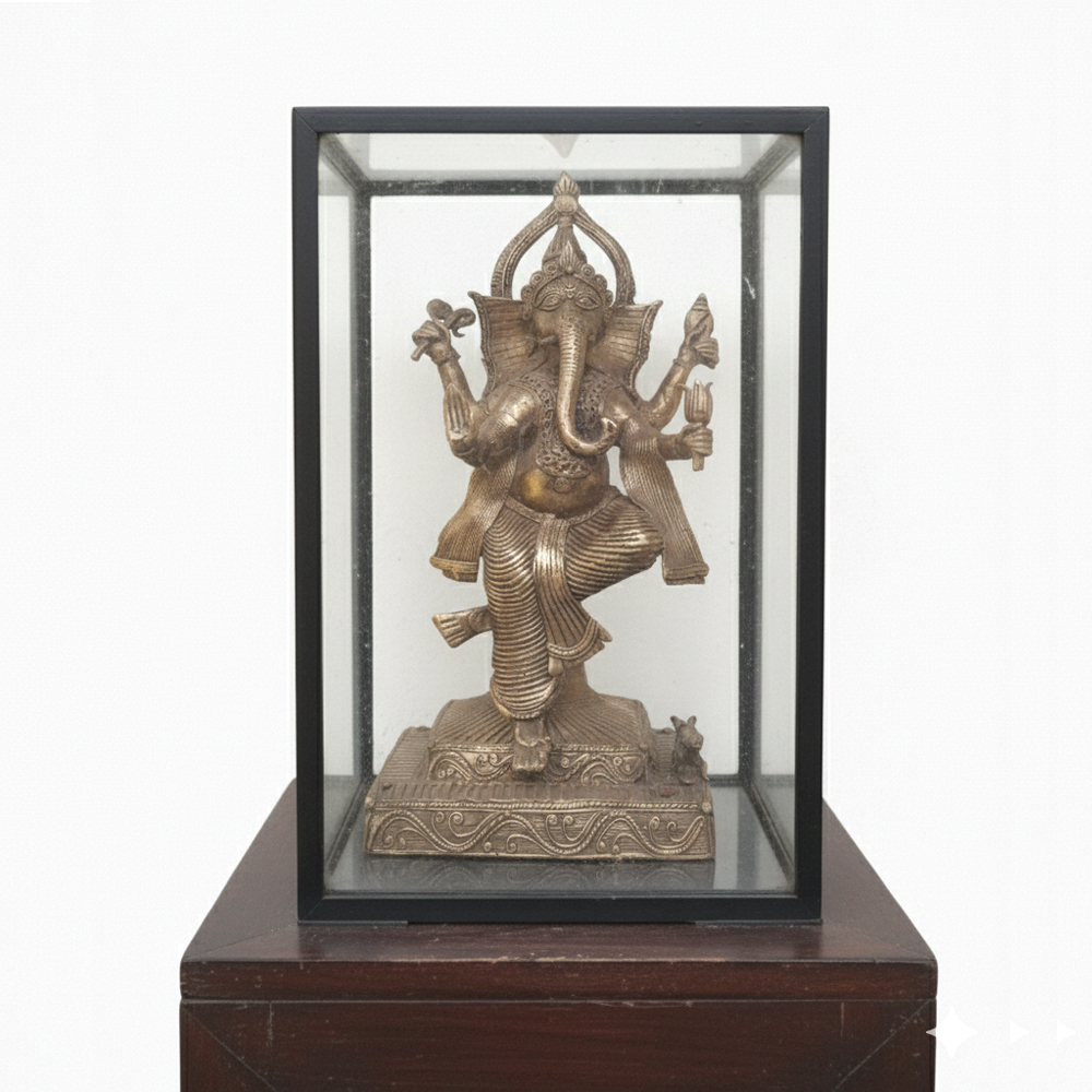 🕉️ Prosperity & Artistry: Dokra Ganesha Idol in Display Frame