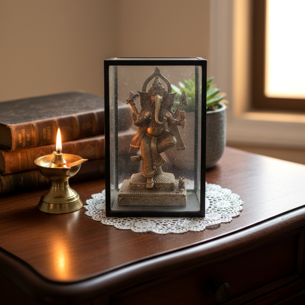 🕉️ Prosperity & Artistry: Dokra Ganesha Idol in Display Frame - View 5