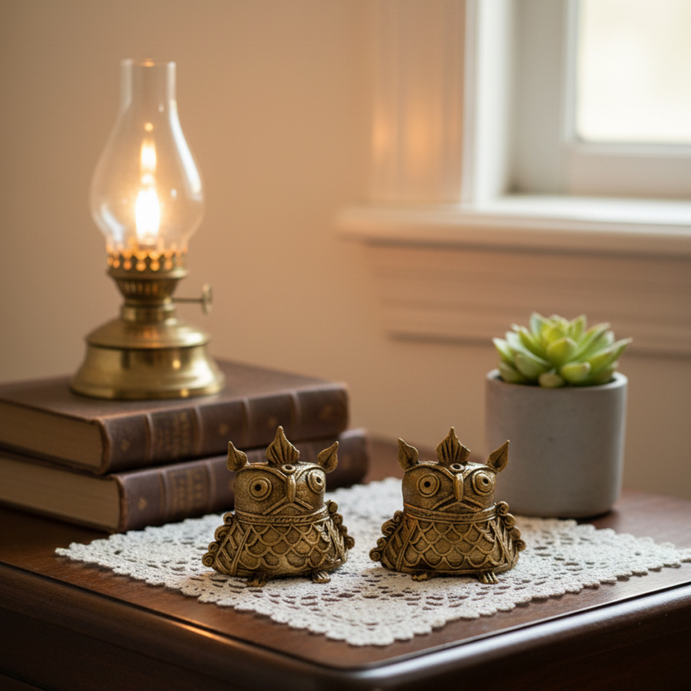 🦉 Wisdom & Prosperity | Pair of Dokra Owl Idols - View 4