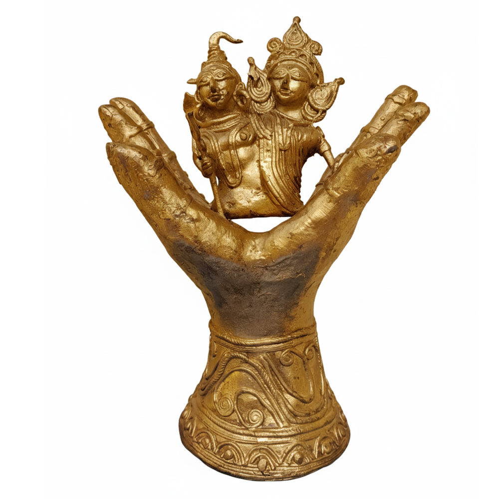 🔱 Unity of Divine Power: Shiva-Durga Dokra Idol on Hand Pedestal