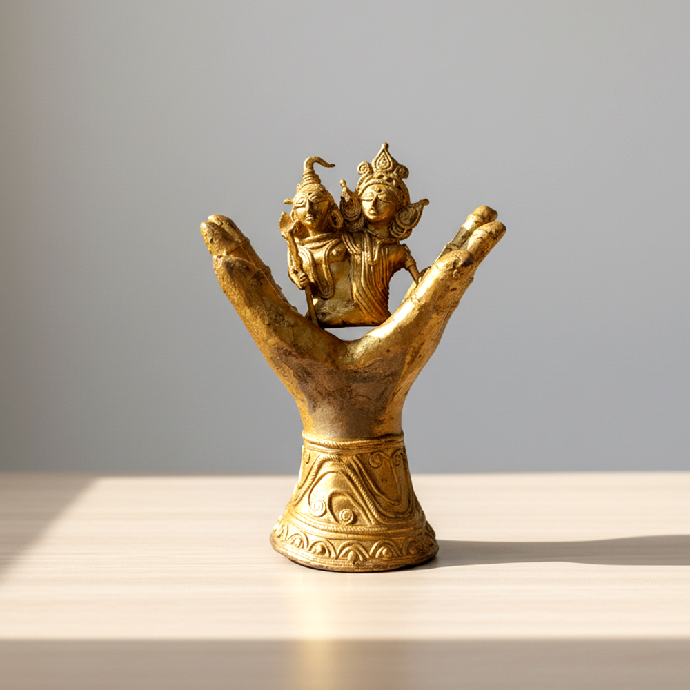 🔱 Unity of Divine Power: Shiva-Durga Dokra Idol on Hand Pedestal - View 2