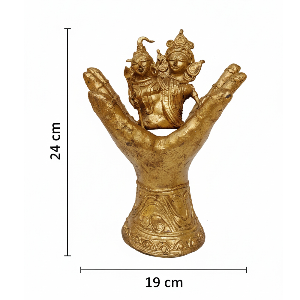 🔱 Unity of Divine Power: Shiva-Durga Dokra Idol on Hand Pedestal - View 3