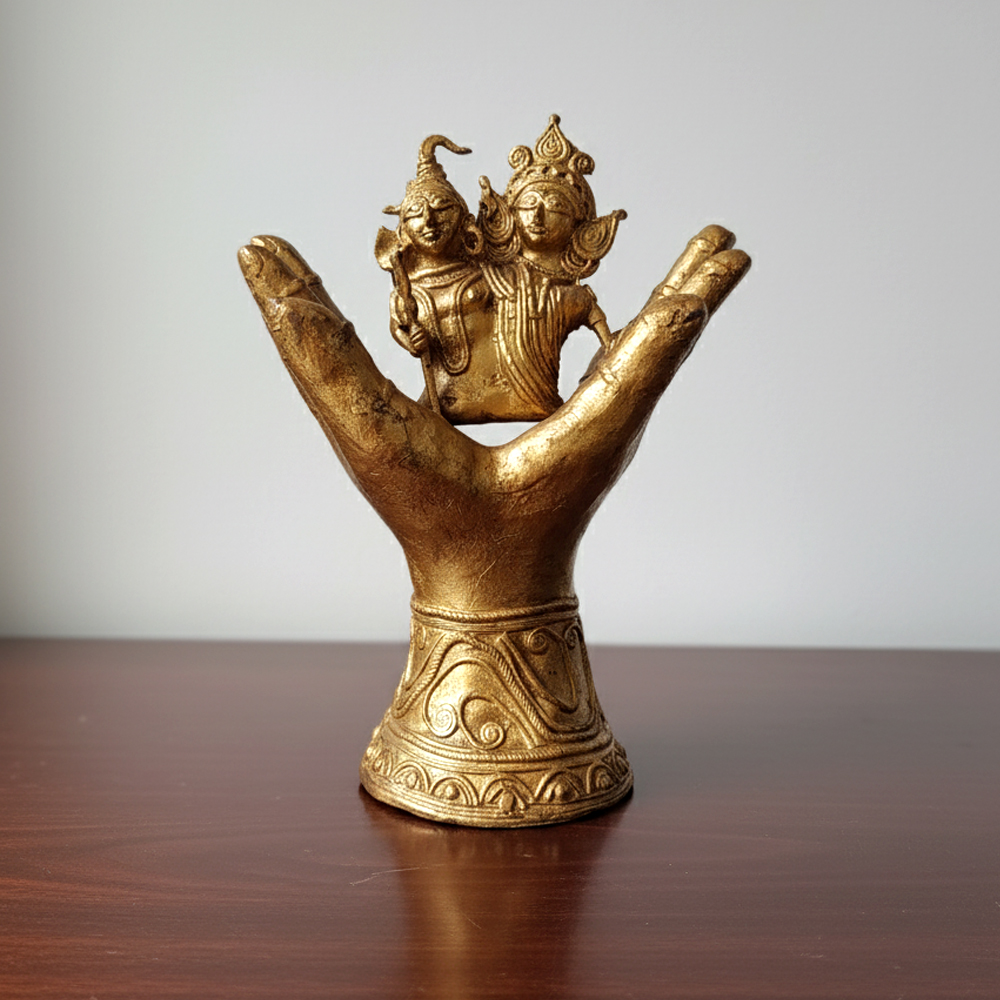🔱 Unity of Divine Power: Shiva-Durga Dokra Idol on Hand Pedestal - View 4