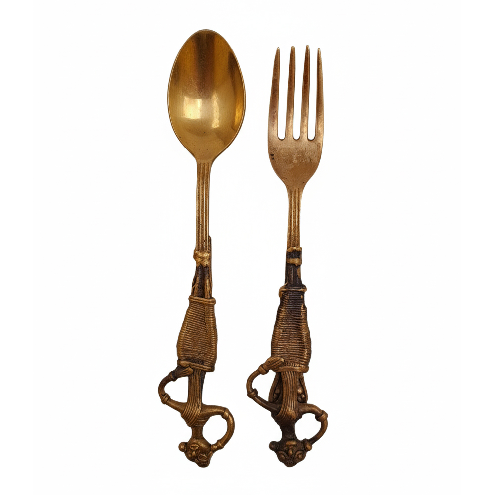 Authentic Dokra Art Brass Spoon and Fork Serving Set - Handcrafted Tribal Cutlery (Set of 2)