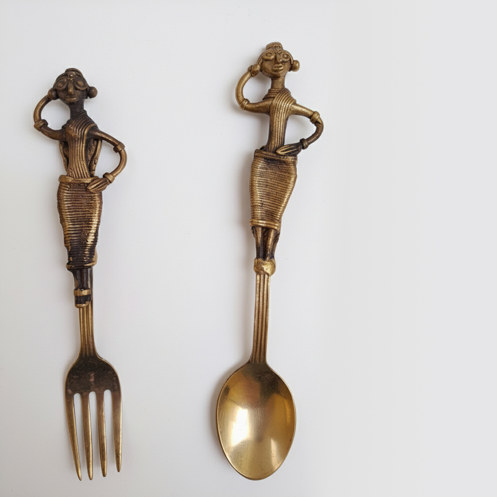 Authentic Dokra Art Brass Spoon and Fork Serving Set - Handcrafted Tribal Cutlery (Set of 2) - View 2