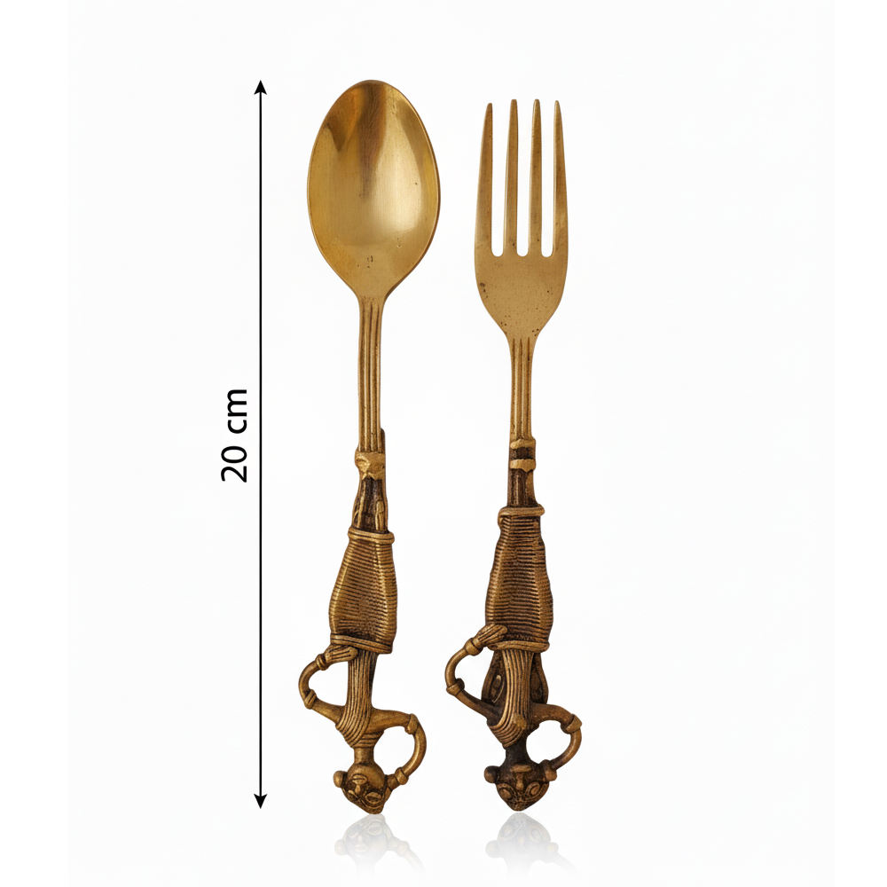 Authentic Dokra Art Brass Spoon and Fork Serving Set - Handcrafted Tribal Cutlery (Set of 2) - View 3