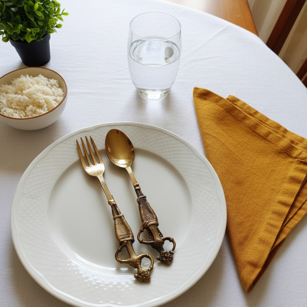 Authentic Dokra Art Brass Spoon and Fork Serving Set - Handcrafted Tribal Cutlery (Set of 2) - View 4